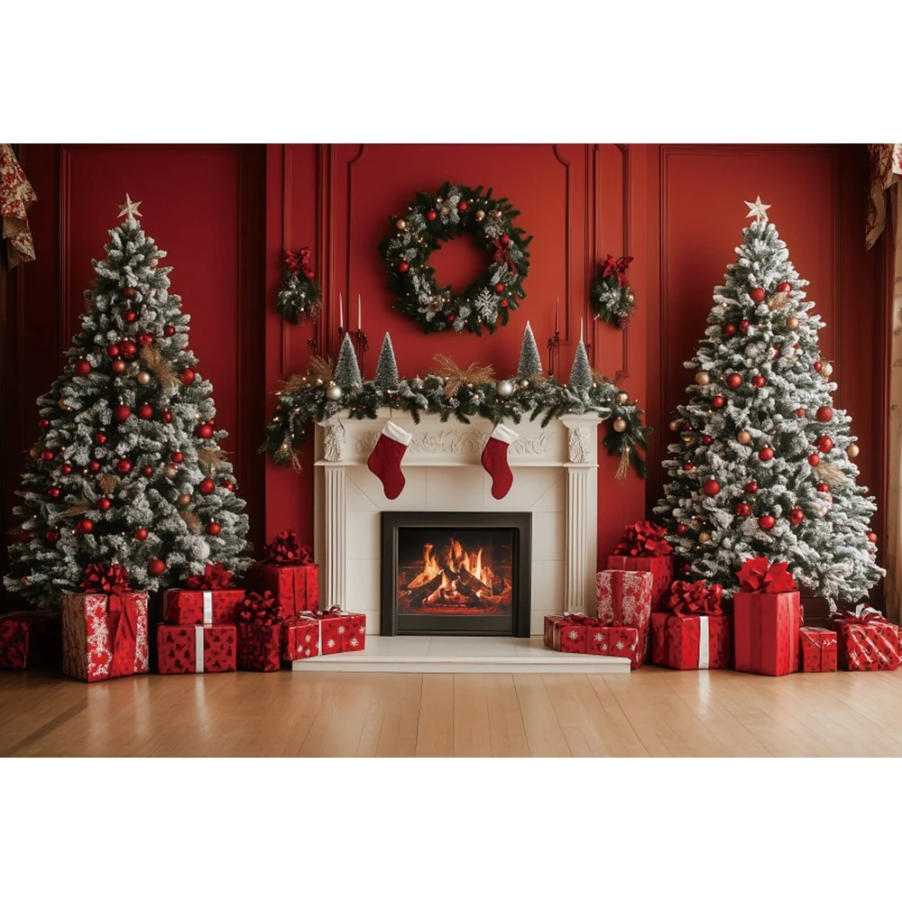 جدار أحمر عيد الميلاد التصوير خلفية الموقد جارلاند شجرة عيد الميلاد ديكور حفلات الأسرة صورة الاطفال صورة صور الخلفيات