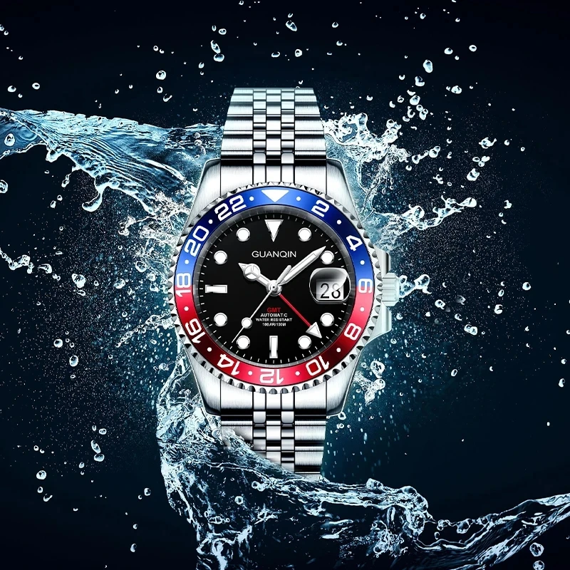 GUANQIN New GMT Luxury Mechanical Watch men NH34A Sapphire Luminous Watches 100M Waterproof Ceramics Stainless steel Man watch