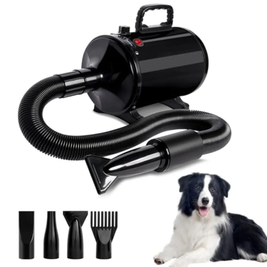 

High Velocity Dog Hair Dryer for Pet Grooming with 4 Nozzles Adjustable Speed and Temperature Control Noise Reduction Black