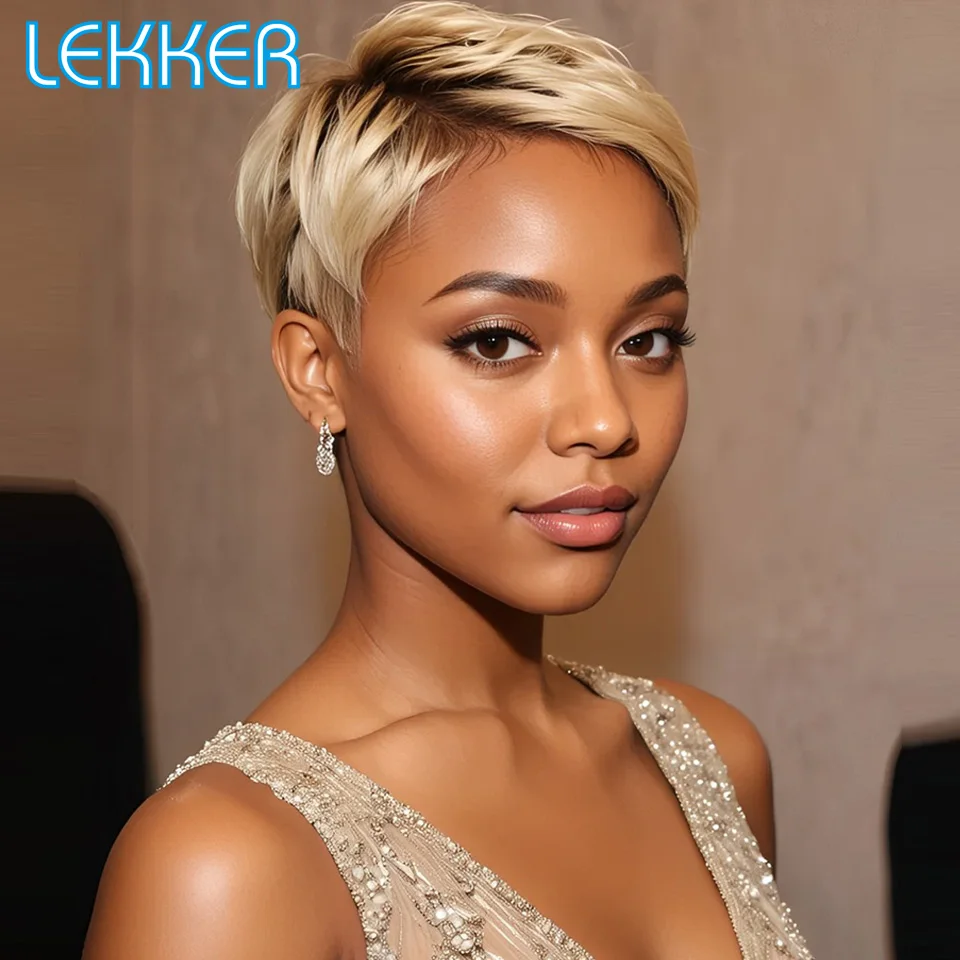 

Lekker Ombre 613 blonde Short Straight Pixie Cut 100% Human Hair Lace Wigs For Women Brazilian Remy Hair Glueless Colored Wigs