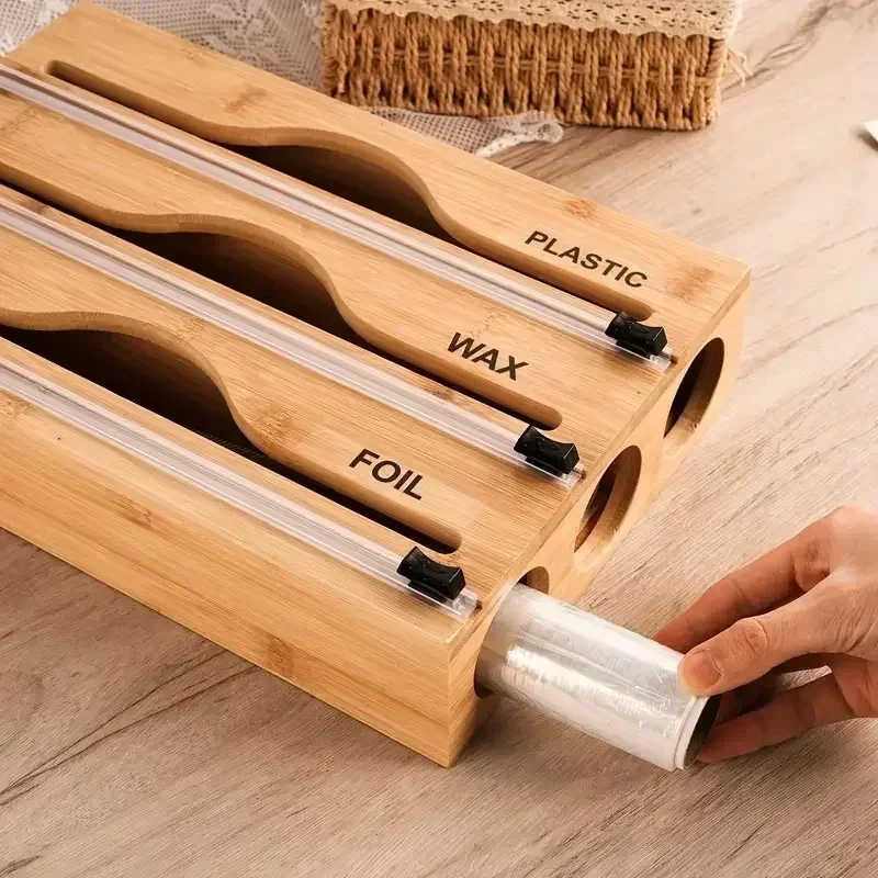 3 in 1 Bamboo Wrap Organizer with Cutter and Labels Plastic Wrap Aluminum Foil and Wax Dispenser for Kitchen Storage Hot