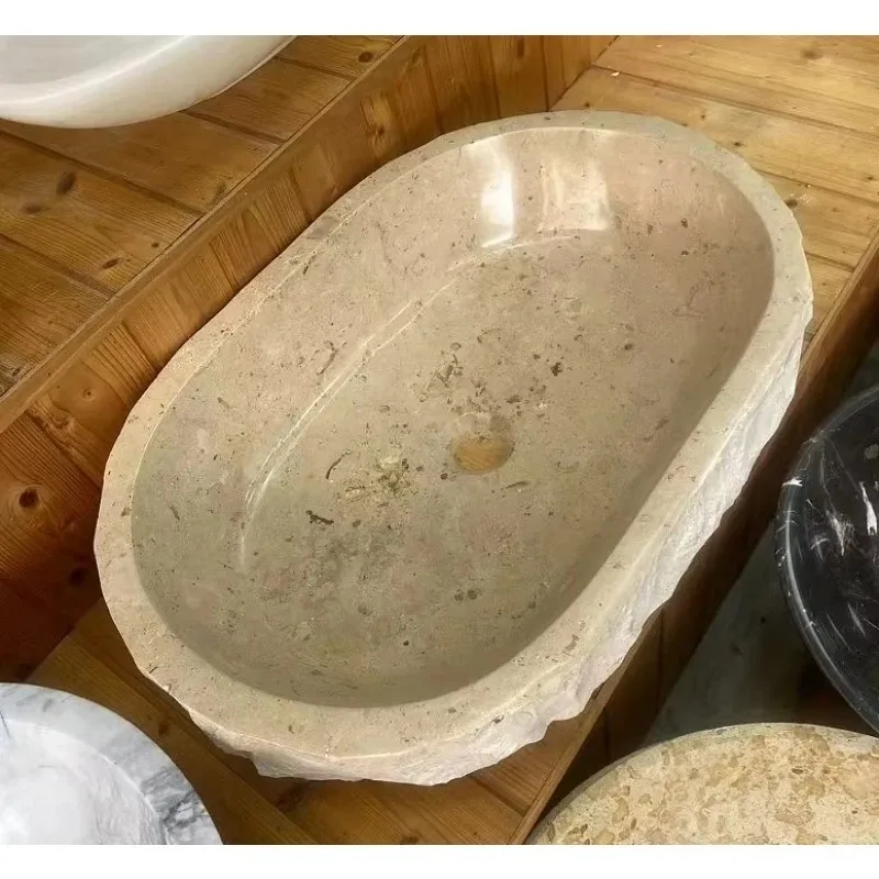 Irregular Shape Unique Design Beige Color Marble Sink Bathroom Countertop Washbasin Natural Surface Outlook for Bathroom