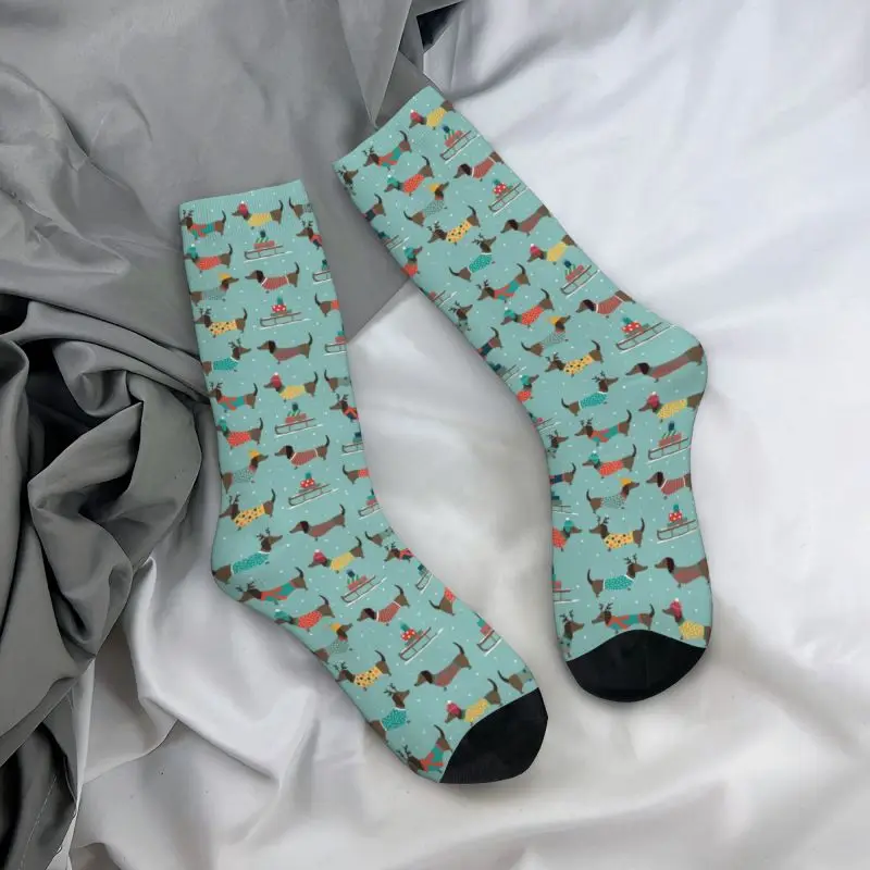 Christmas Dachshund Dog Pattern Dress Socks for Men Women Warm Funny Novelty Badger Sausage Dog Crew Socks