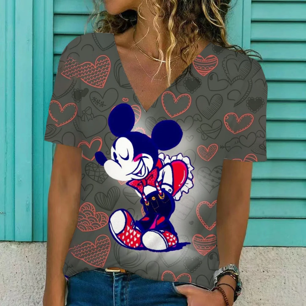 

Vintage 3D Disney Minnie Mouse Print Women's T Shirt Short Sleeve Loose V Neck Street Casual Top Summer New Fashion Top