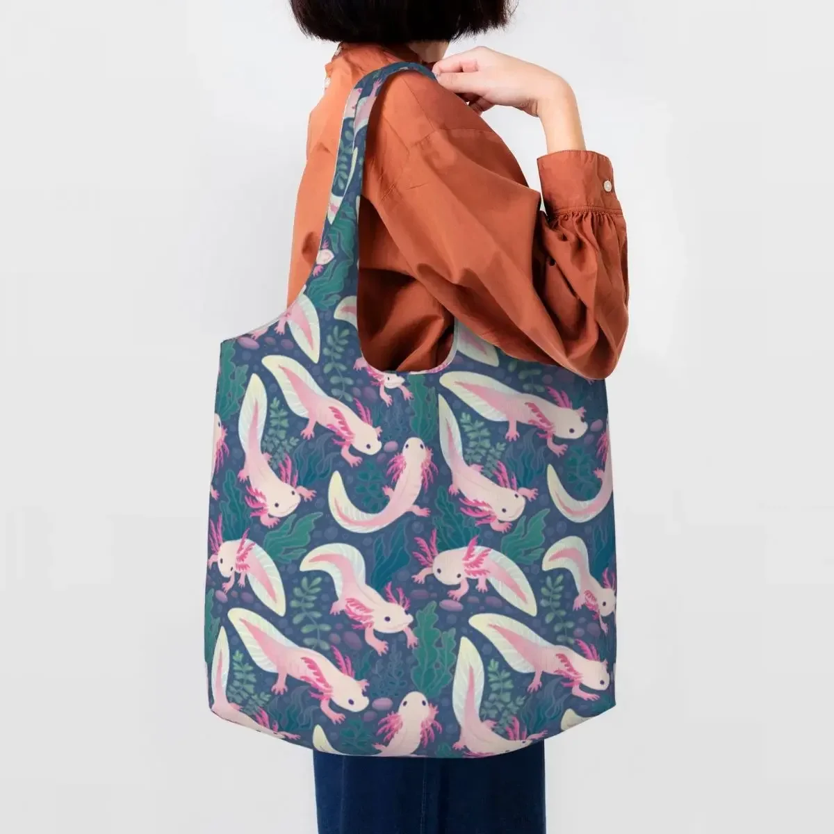 Kawaii Cute Axolotls Shopping Tote Bags Reusable Salamander Animal Grocery Canvas Shopper Shoulder Bag Photography Handbags