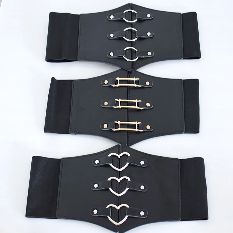 Fashion Gothic Elastic Belts for Woman Sexy Black Pu Leather Wide Corset Belt Female Cinturones Para Mujer Heart Cummerbunds