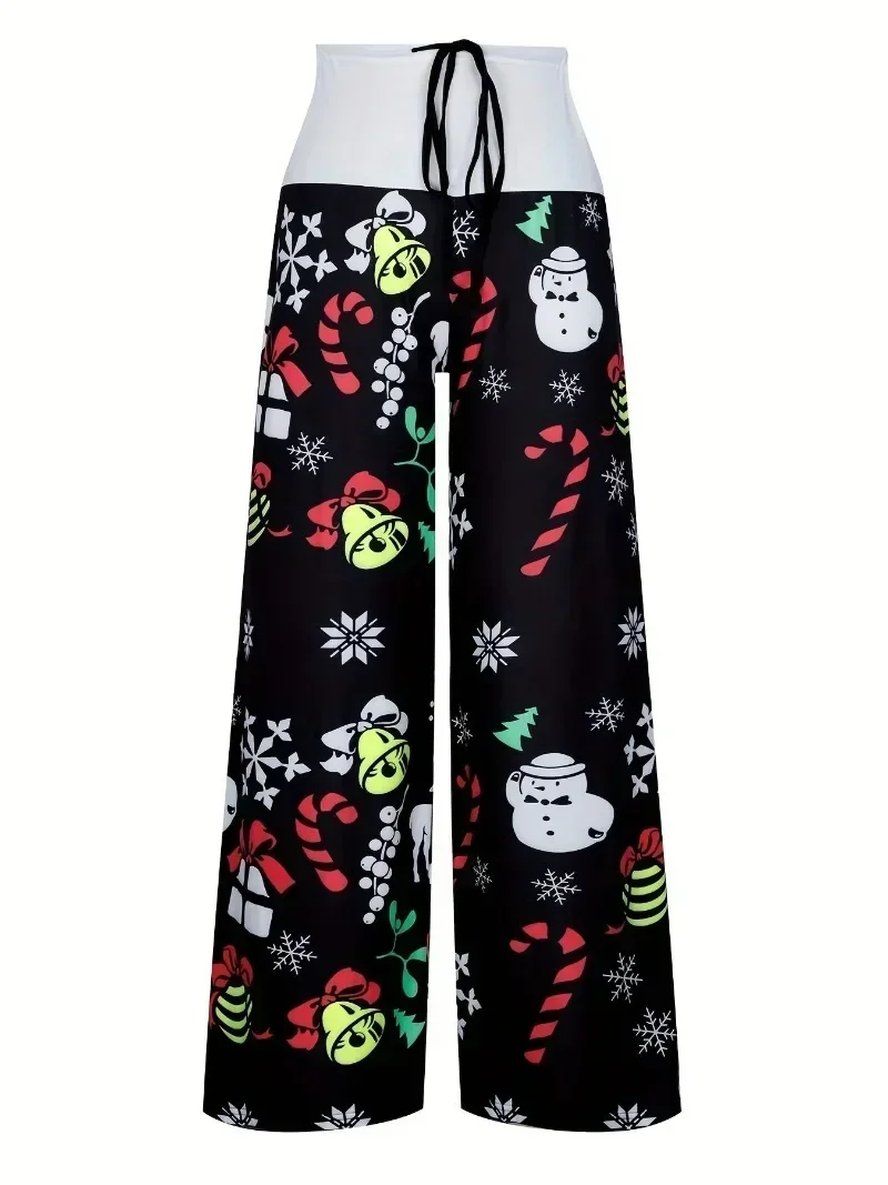 Plus Size 1XL-5XL Women's Fashion Christmas Print  Pants Ladies  Casual Patchwork Lace UpWide Leg Pants Loose Pants