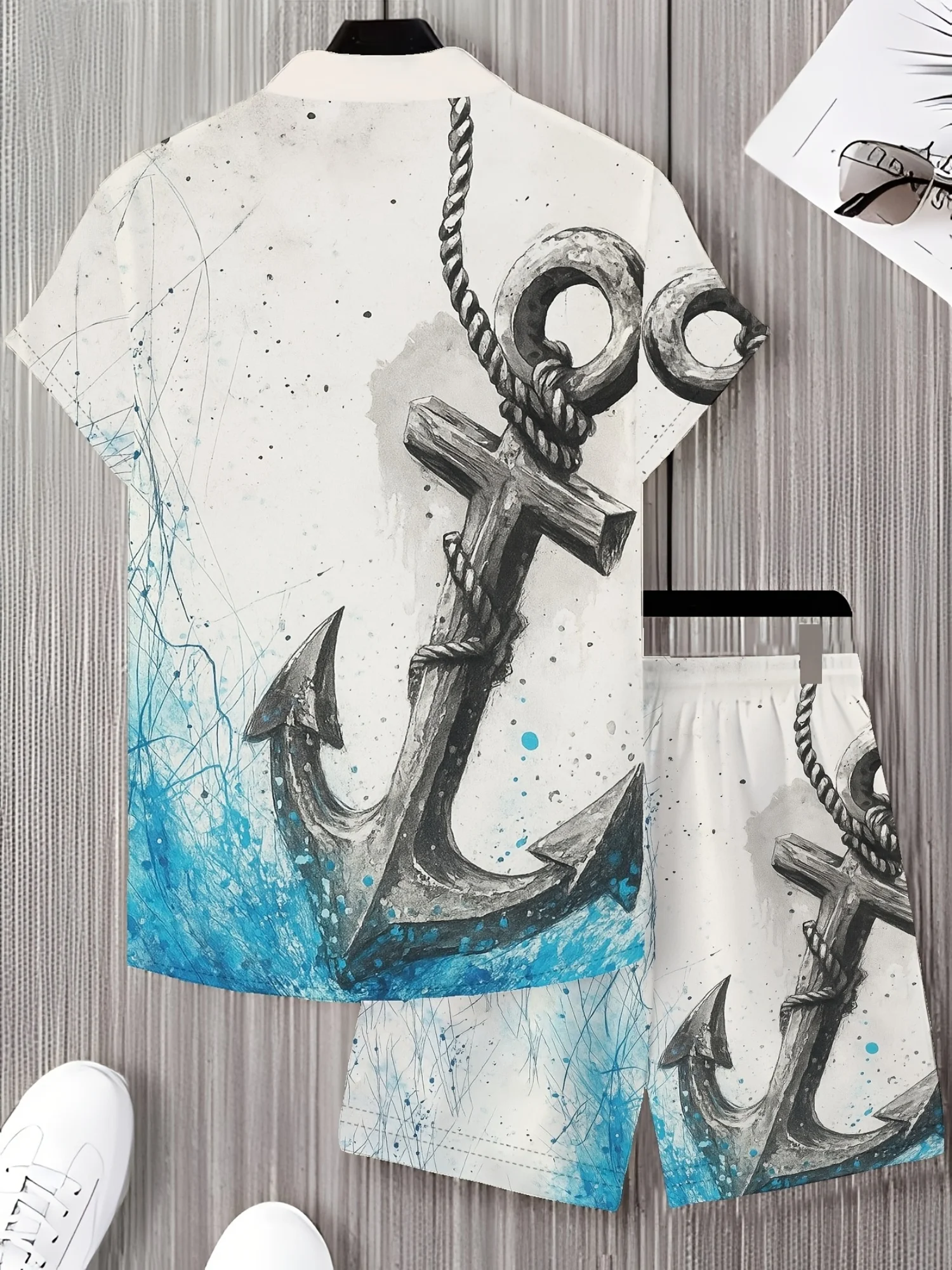 Summer Men Lapel Shirt & Drawstring Shorts Set Nautical Anchor Rope Ocean Wave Graphic Print Polyester Beach Outfit - view 4