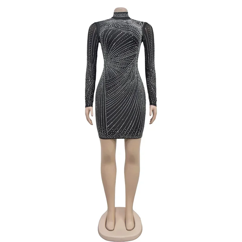 Herfst Vrouwen Mesh Mouw Bodycon Sexy Diamanten Feestjurk Verjaardag Sparkly Slanke Zwarte Nachtclub Strass Mini Jurk Dames