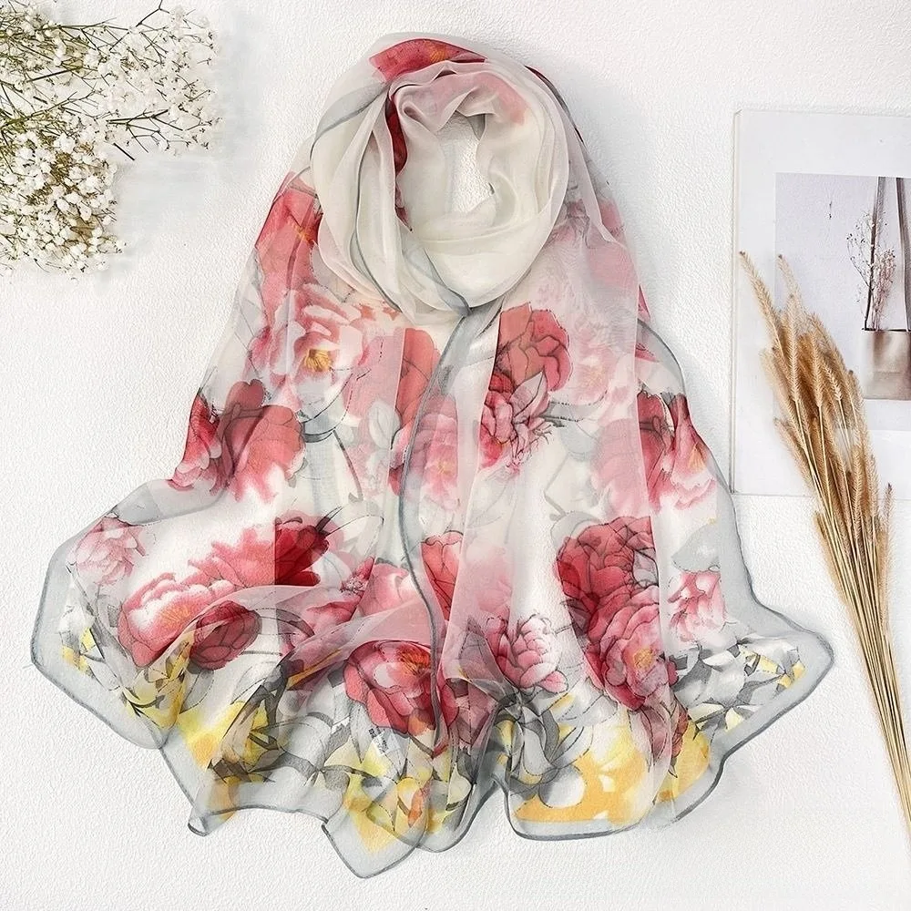 

Gifts Floral Printing Silk Scarf Breathable Sun-Resistant Long Wraps Smooth Sunscreen Hijab for Women
