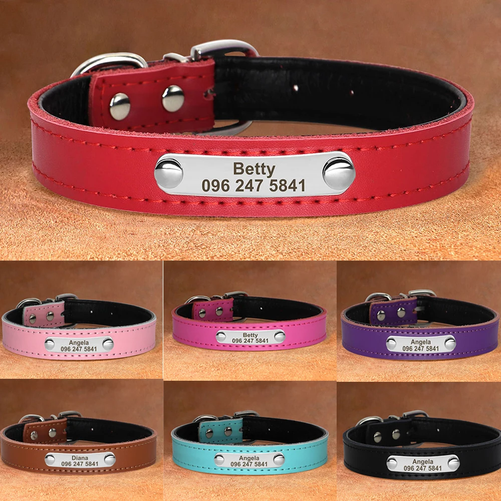 Personalized Dog Collar PU Leather Puppy Dogs Collars Free Custom Pet Neckace Engraved Name ID For Small Medium Dogs Cats Pink