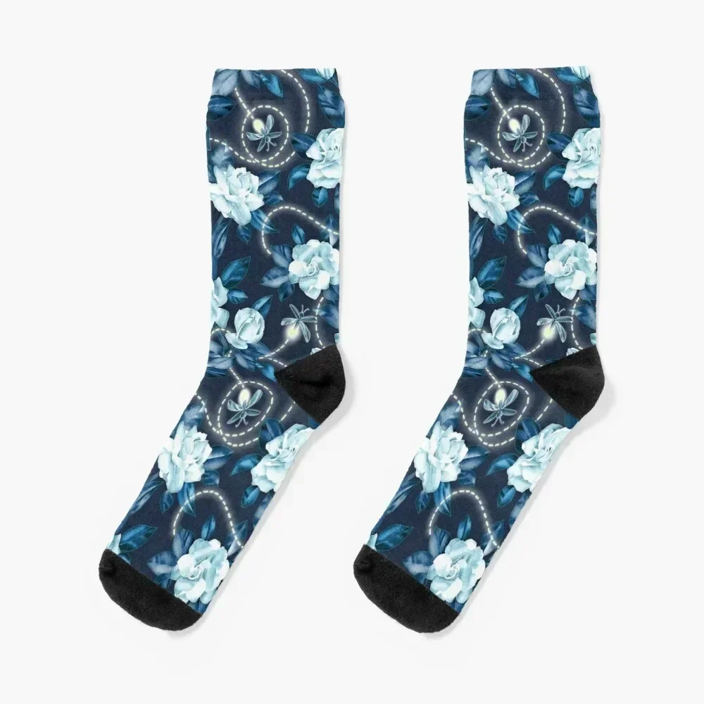 

Midnight Sparkles - Gardenias and Fireflies in Sapphire Blue Socks Stockings Children's cool Socks Women's Men's