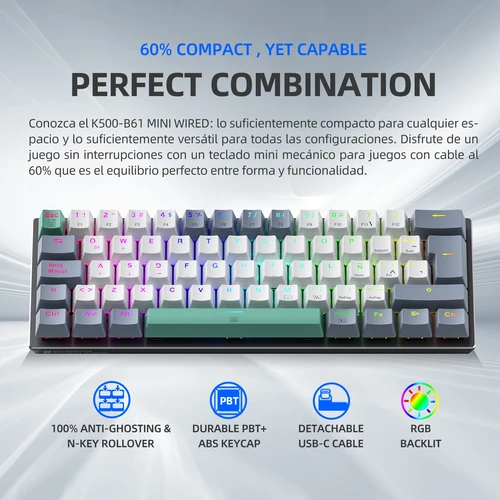 Imagen 2 del producto MACHENIKE K500-B61 Mini teclado mecánico Español Americano edición ISO con cable 60% Mini intercambio en caliente RGB NKRO Gaming Keybaord