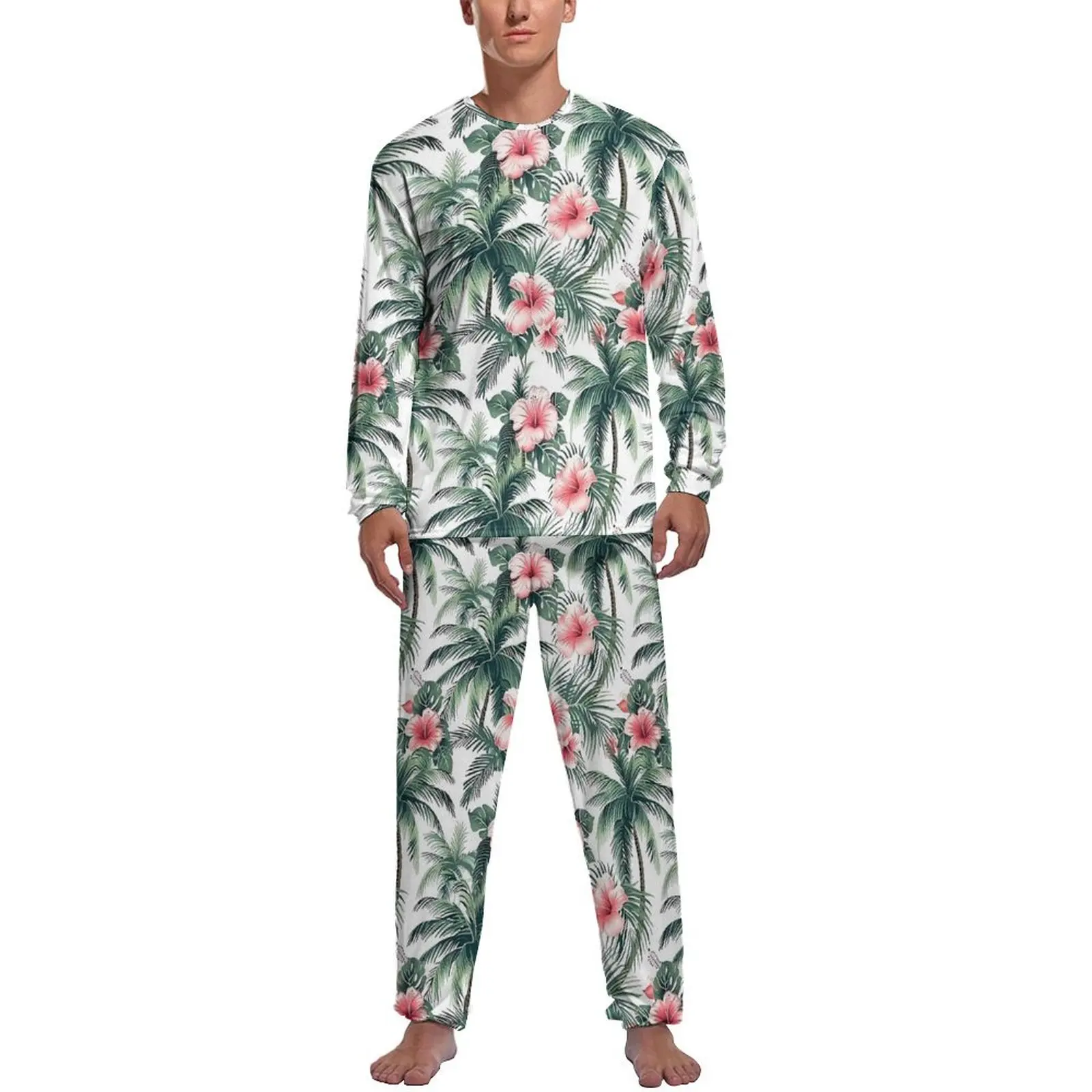 Tropical Flower Pajamas Spring 2 Pieces Hawaii Pink Hibiscus Fashion Pajama Sets Men Long Sleeve Casual Custom Home Suit