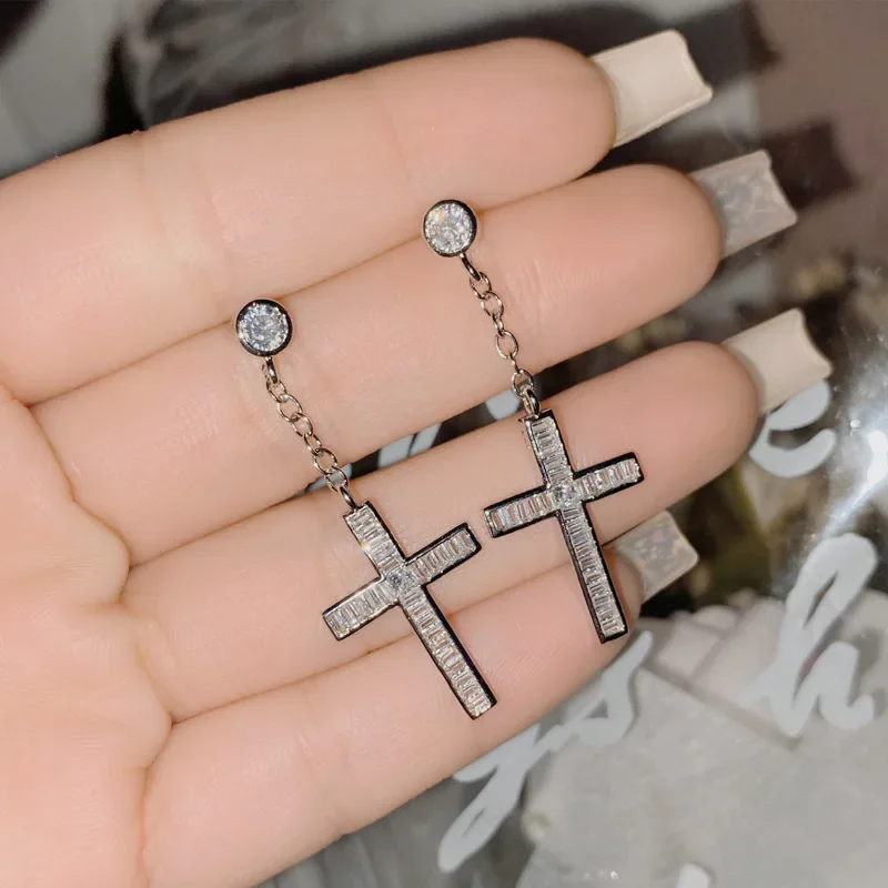 MDL Moissanit1 نمط جديد الهيب هوب مليئة بالزركونيوم مجموعة طويلة مربع الماس محب الصليب الأذن سلك أقراط إسقاط أقراط