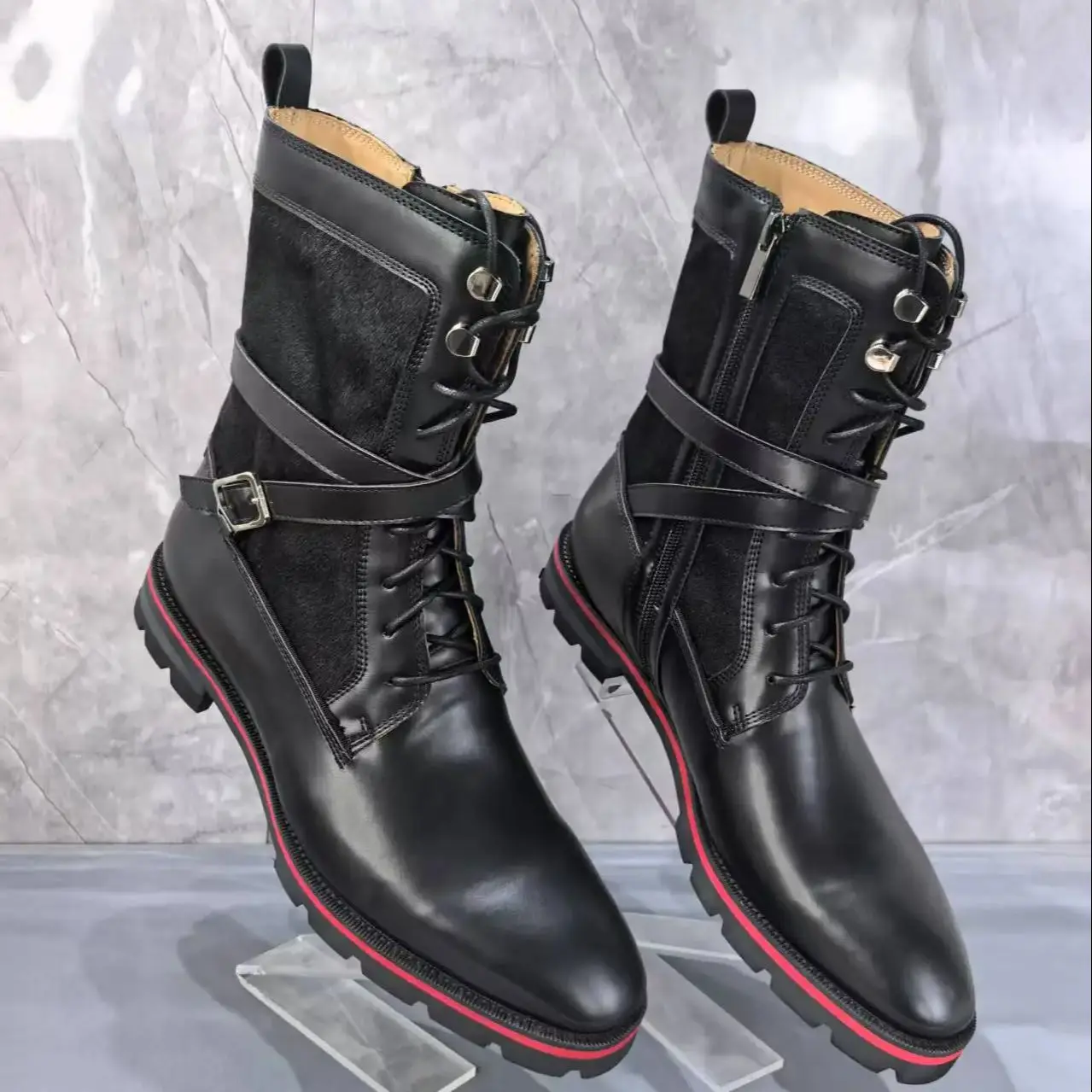 

Full Cowhide Black Leather Short Boots For Men Lace-Up Buckle Strap Thick Red Sole Boats Male 40-47 Large Size Fashion Style New