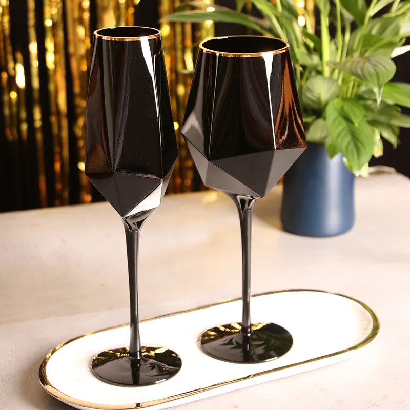 Pure Black Crystal Golden Edge Wine Glass Goblet Light Luxury Irregular Model Room Special Champagne Cup Whiskey Beer Glasses