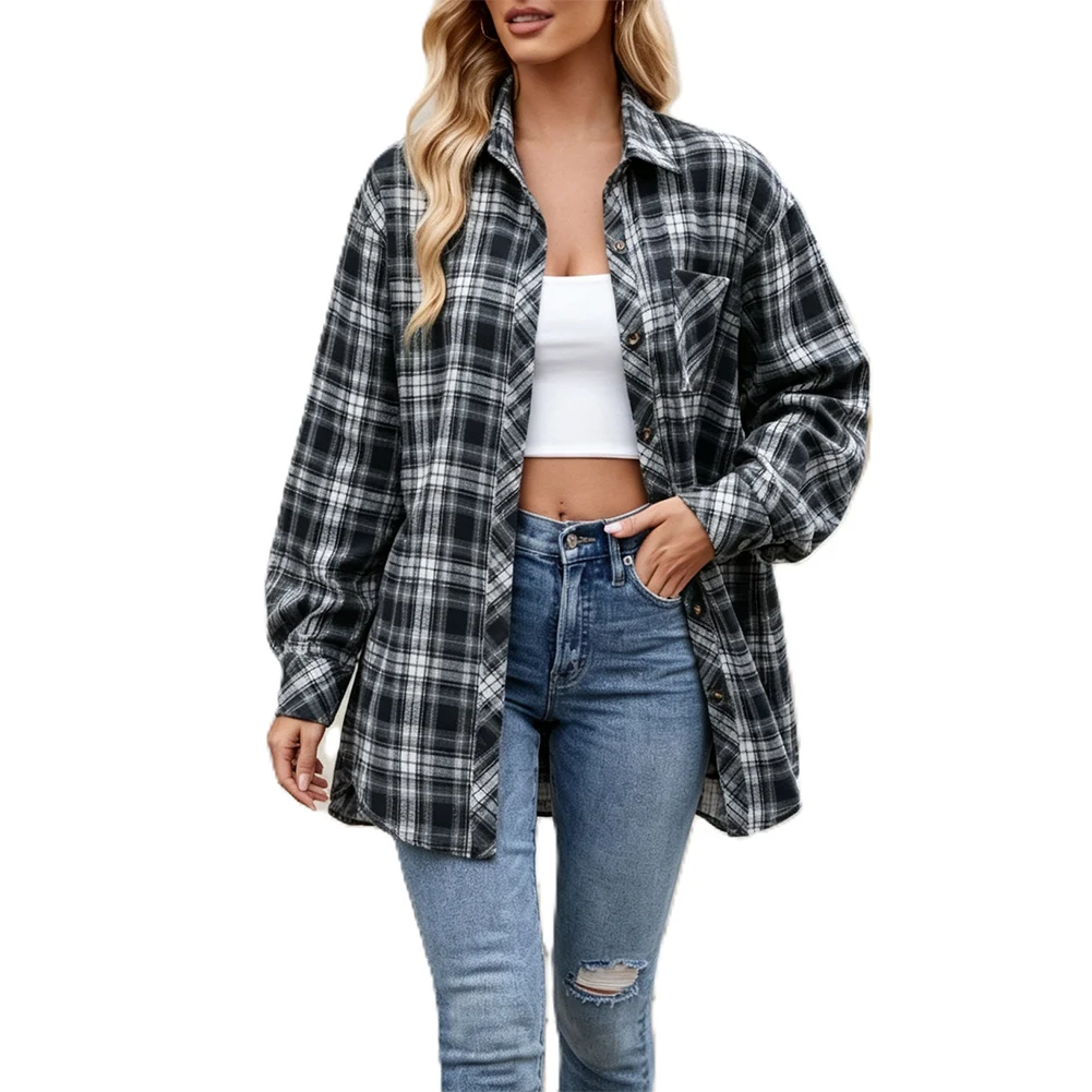 Loose for Fit Plaid Blouse for Women Featuring Open Front Style Lapel Detail and Regular Length Comfortable Polyester Fabric