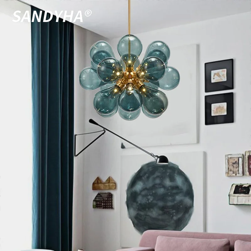 American style Living Room Pendant Lights Modern Minimalist Bedroom Children's Room Blue Pink Bubble Ball Glass LED Chandelier