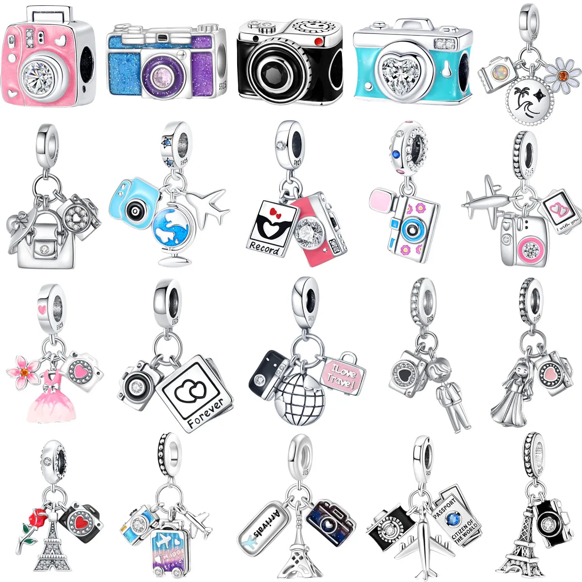 

Original 925 Charms Sterling Silver Camera Tower Airplane Earth Beaded Pendant for Pandora DIY Bracelet Ladies Jewelry Gift