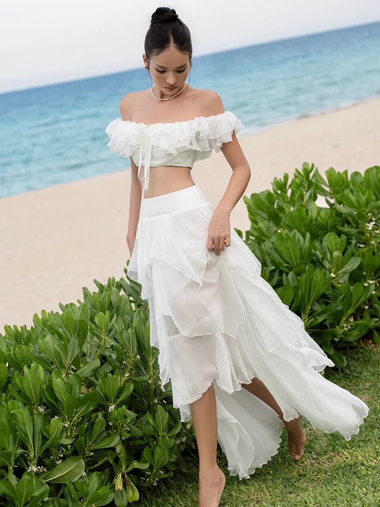 マチェダ Y2K スタイル 2 点セット女性の夏の新トレンドオフショルダーティアードクロップトップス + ロングスカートホリデーシャーリングエレガントな衣装