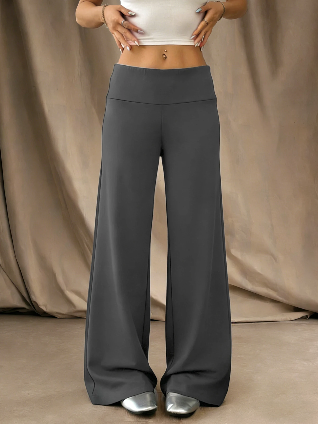 A Pair Of Women's Stylish High-waist Wide-leg Pants Suitable For Casual Sports And Office Wear Standard Size Gray Stretch Pants