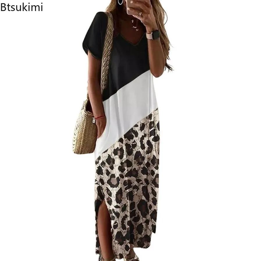 2024 mode Leopard Farbe Block Lose Beiläufige Maxi Kleid frauen Sommer Kurzarm Side Split Design V-ausschnitt T-shirt Langes kleid