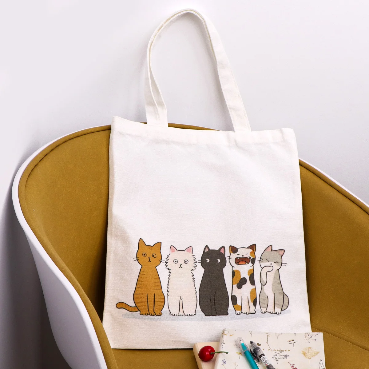 Leuke kat canvas draagtas boodschappentas multifunctionele handtas voor dames Casual opvouwbare schoudertas Schoolhandtas cadeau