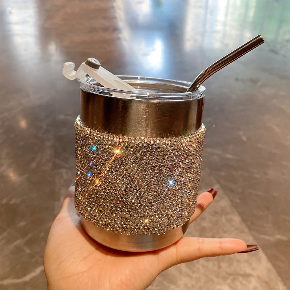 

Rhinestone Cold Drink Cups Stainless Steel With Lid Straw Diamond Water Bottle For Home Office Drinking Coffee Mug 300ML