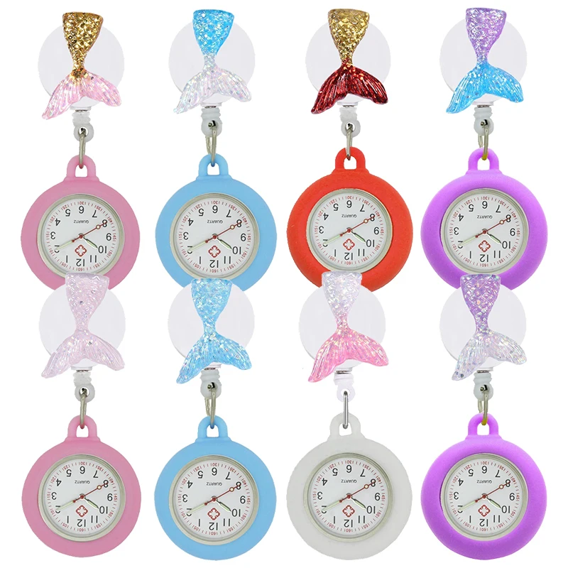 YIJIA Lovely Cartoon Mermaid Tail Retractable Badge Reel Hospital Nurse Watches with Silicone Case and Luminous Pointer