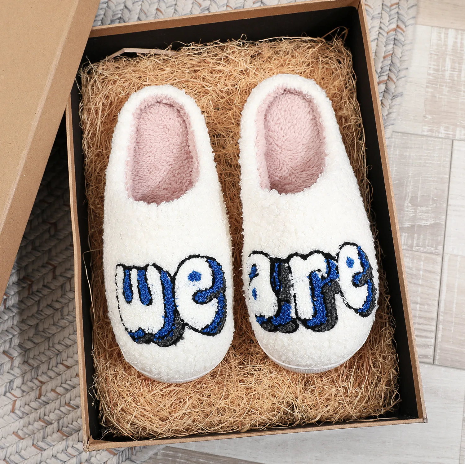 

Women Men Winter Cotton Slippers Thickened Embroidery Letter We Are Home Flat Indoor Slipper Non-slip Shoes Couple Gift