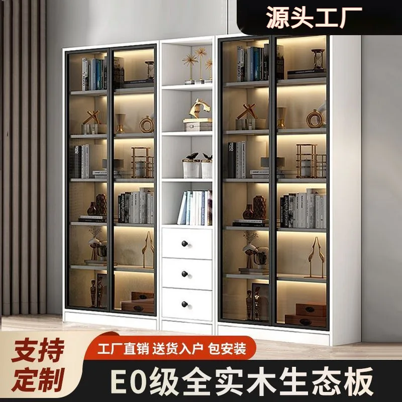 Customized.JGP1 Light Luxury Full Solid Wood Bookshelf with Glass Floor-to-Ceiling Wall Storage Cabinet Display Cabinet In