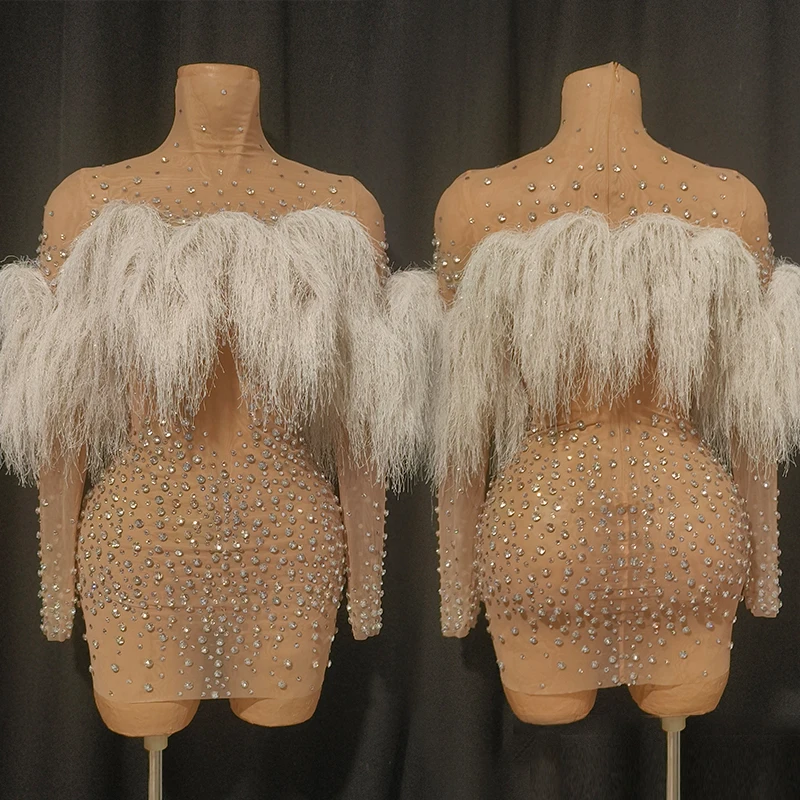 

Sexy Women Dress Long Sleeve Rhinestone Fluffy Dresses Singer Performance Wear Nightclub Party Show Outfit Rave Clothing VDL5047