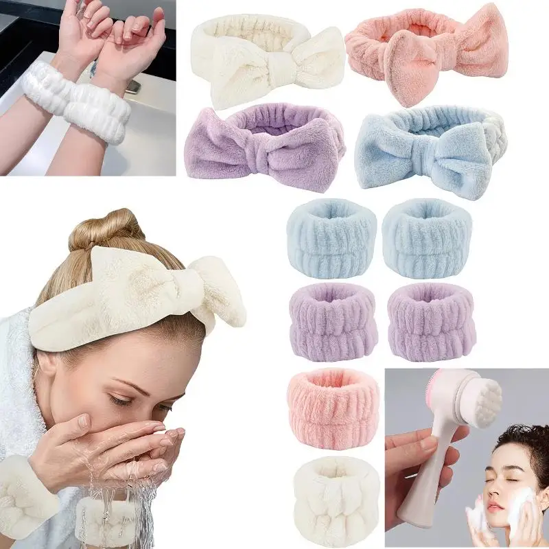 Conjunto de 4 Peças: Escova de Limpeza Facial de Silicone 3D Dupla Face, Faixa de Cabelo para Spa, Pulseira e Escova Esfoliante para Limpeza de Poros