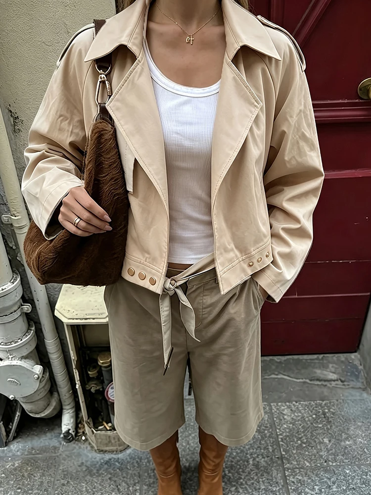 Women Solid Cropped Trench Jacket Lapel Collar Asymmetric Wrap Front Long Sleeve Button Short Coat Autumn Casual Outerwear Mujer