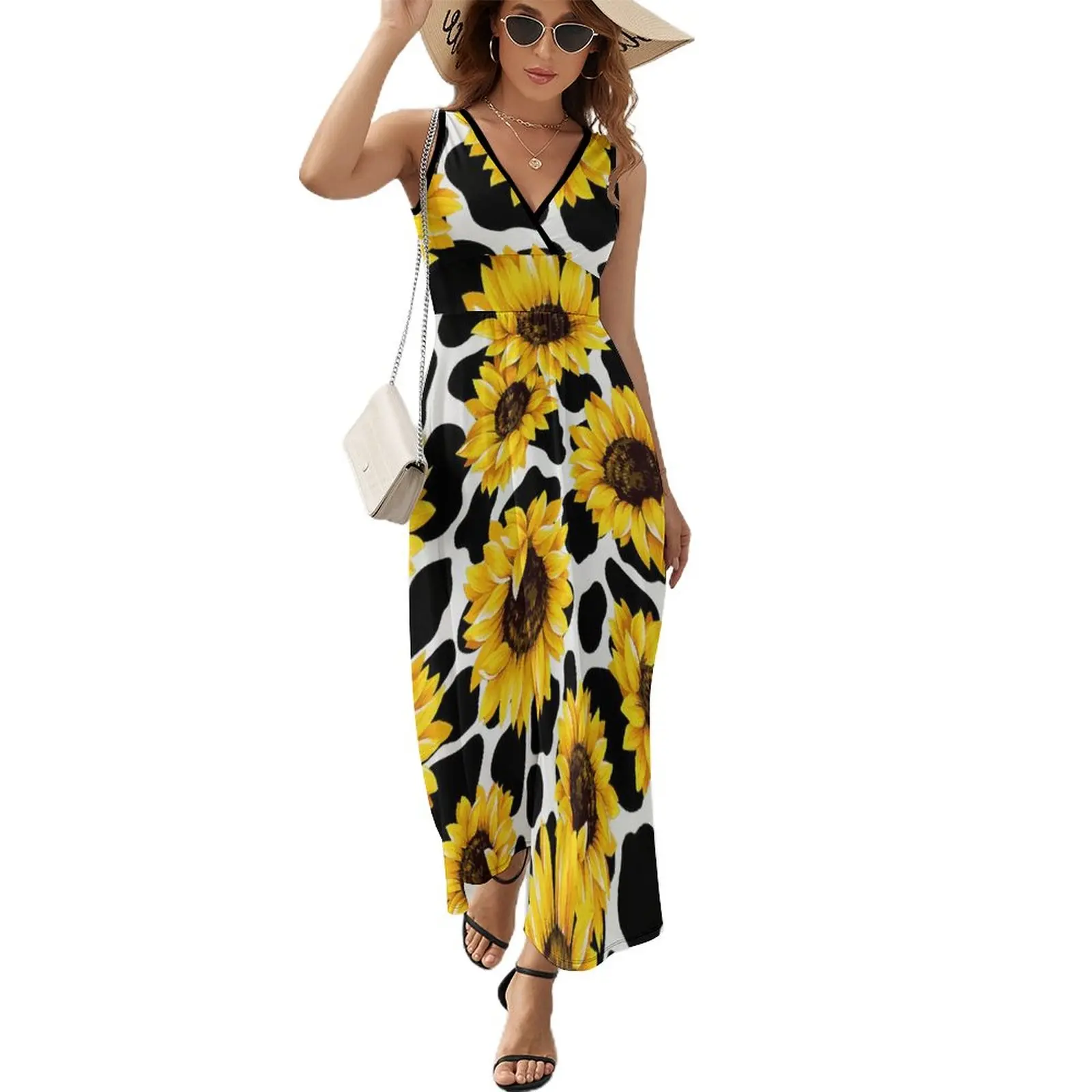 

Sunflower Cow Pattern Dress Summer Street Style Bohemia Long Dresses Women Sleeveless Custom Sexy Maxi Dress