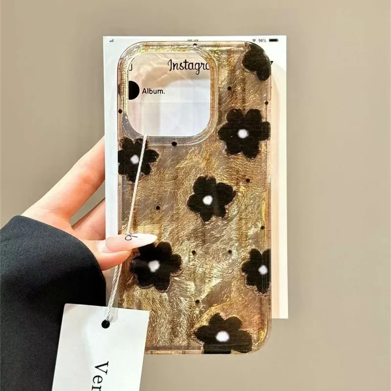 Retro Brown Black Spots Flowers Tinfoil Phone Case For iPhone 16 Pro Max Cases iPhone 15 14 13 12 11 XS Max XR X 7 8 Plus Cover