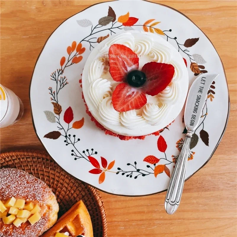 Ceramic Cake Plate   Handmade Pattern Dessert Table Tray Autumn Harvest Season Series Pattern Tall Platform   Cute Plates