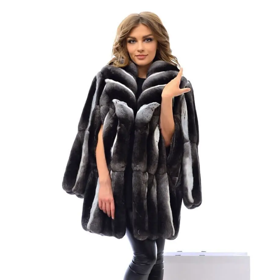 Winter Women Real Rex Rabbit Fur Coat Shawl Collar Chinchilla Color Outerwear Fashion Elegant Female Natural Fur Overcoat