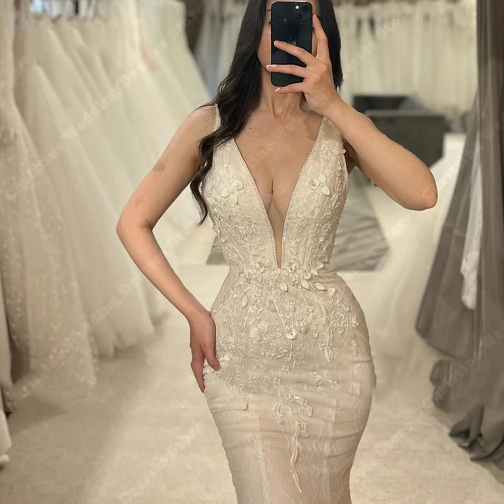 Vestidos De Novia De sirena con estampado De encaje para mujer, con escote sexys elegantes y vestidos De Novia en V profundo, longitud De fregado, sin mangas, Vestido De princesa De Novia