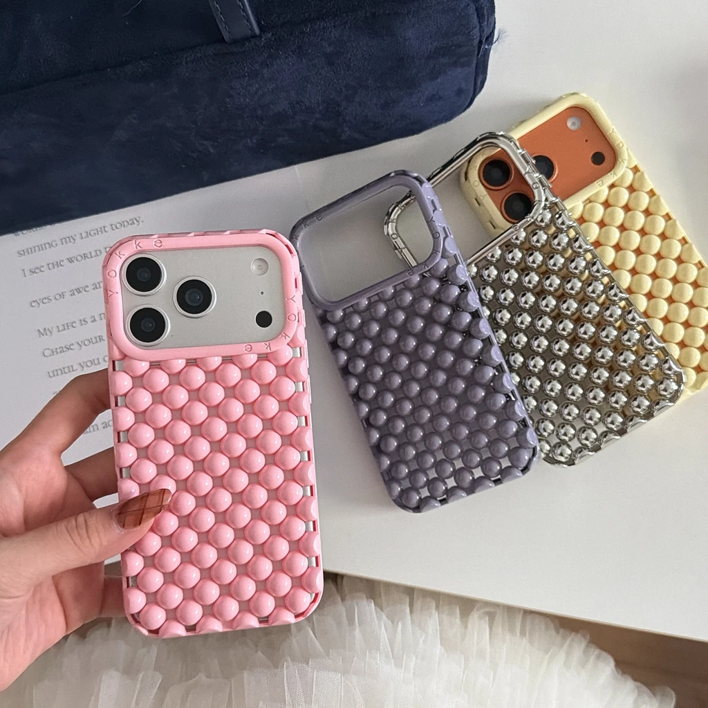 Creative Advanced Stereoscopic Hollow Out Pearl Round Bead Shock Proof Phone Cover Case for iPhone 17 16 15 14 13 Pro Max