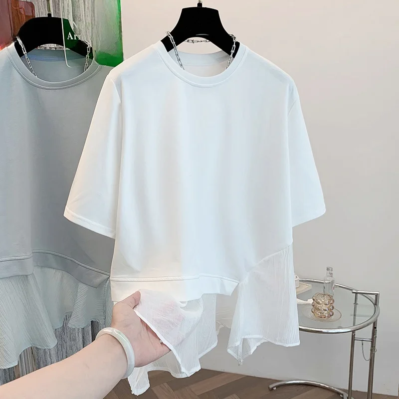 

Summer New plus Size Slimming Faionable Patchwork ort Sve round Ne T-irt Top Color Women's plus Size Clothing