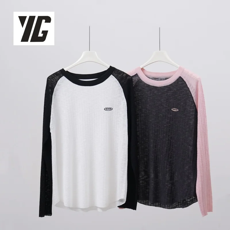 YG 2024 Bamboo linen material Fashion Thin Knitted Sunscreen Soft Simple Korean Style Colorblocking Women's Long Sleeve Top