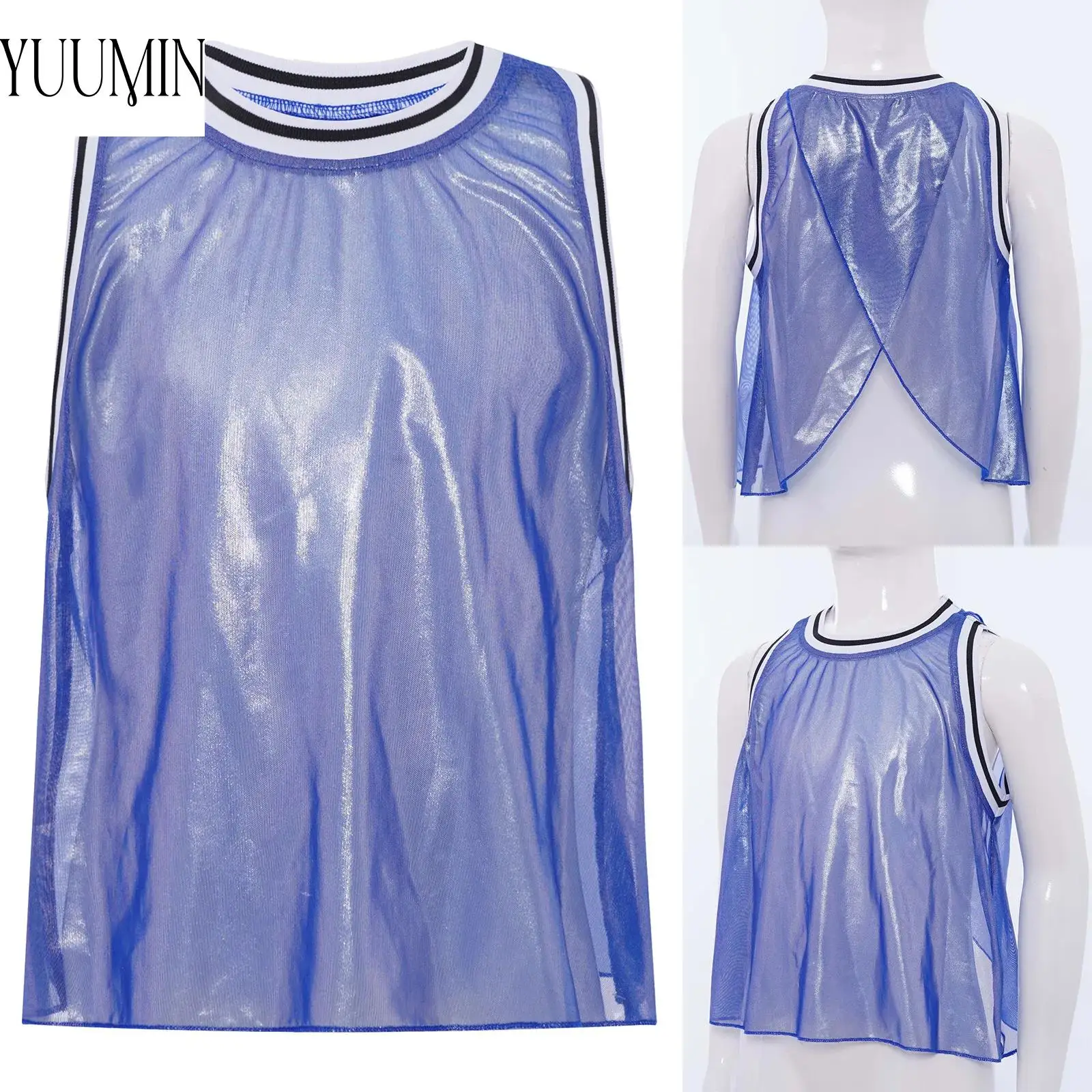 

Kids Girls Color Block Dance Athletic Vest Round Neck Sleeveless Wrap Back Metallic Mesh Patchwork Tank Top Performance Costume
