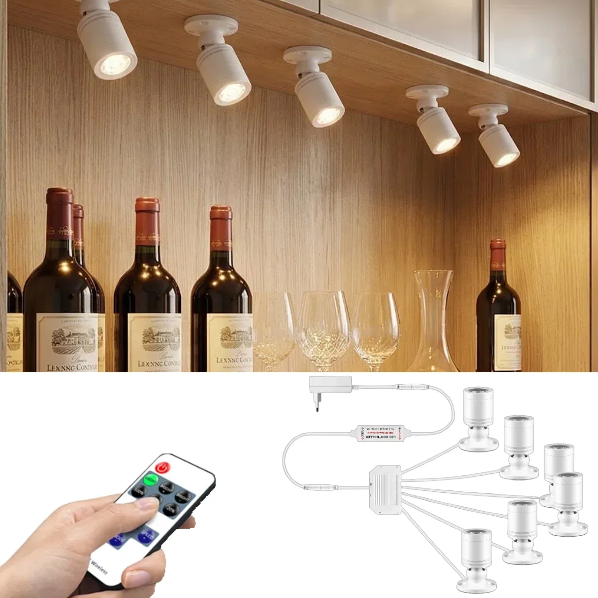 

1-6 шт. регулируемых светодиодных точечных светильников для шкафов 45 ° Поворотный дисплей с радиоуправлением и 3 вариантами цвета для кухонной витрины