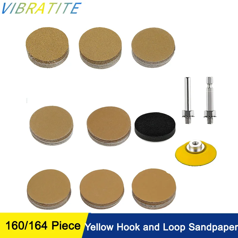 Amplas Hook and Loop Kuning 2 Inci, Berbagai Ukuran Grit 60-800, 160/164 Pcs dengan Bantalan Penyangga untuk Pemolesan dan Pengamplasan