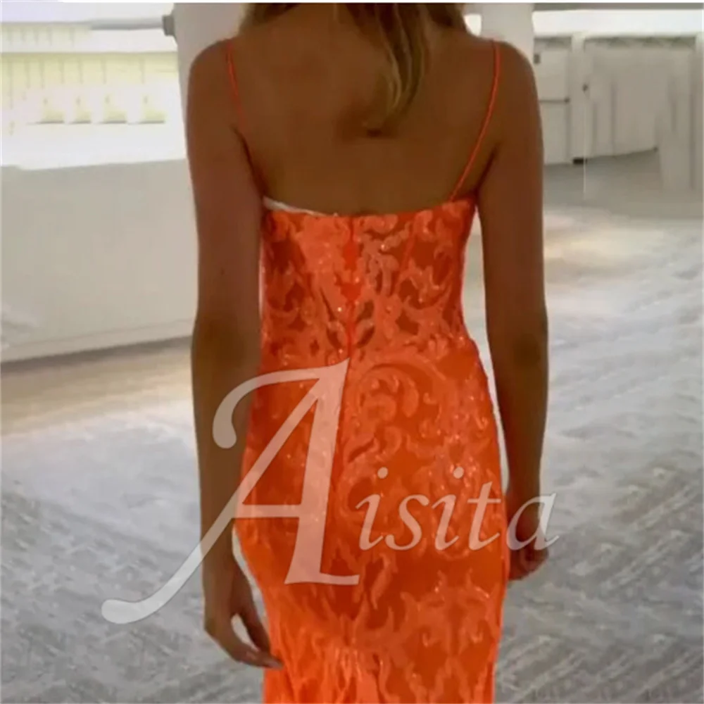 Sparkly Orange Mermaid Evening Dress Spaghetti Straps Tulle Party Dresses Sequin Formal Dresses Vestidos De Fiesta customized