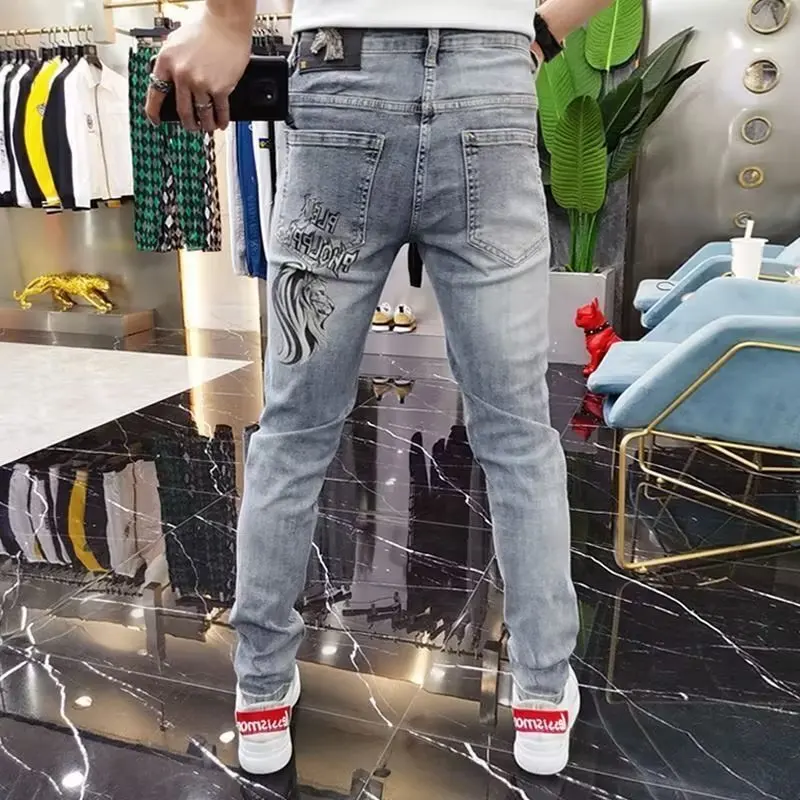 Skinny Denim Jeans European Fashion Men Slim Fit Stretch Mens Jeans Pant Trendy Street Style Printed Slim Straight Trousers