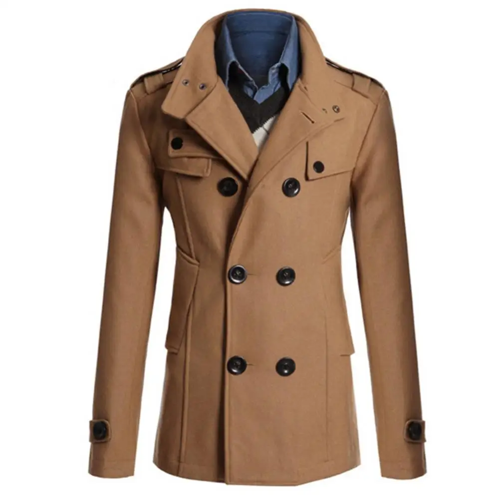 

Men Long Sleeve Lapel Collar Double-breasted Pockets Woolen Slim Trench Coat