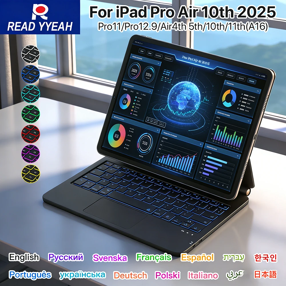 

Умный чехол-клавиатура для iPad A16 10/11-го поколения и iPad Air 5/4-го поколения, чехол-клавиатура Magic Keyboard с 11-цветной подсветкой и многофункциональным трекпадом